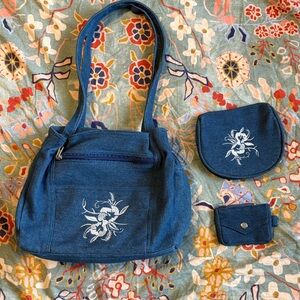Vintage Denim Embroidered Purse Set + Coin Pouch & Wallet